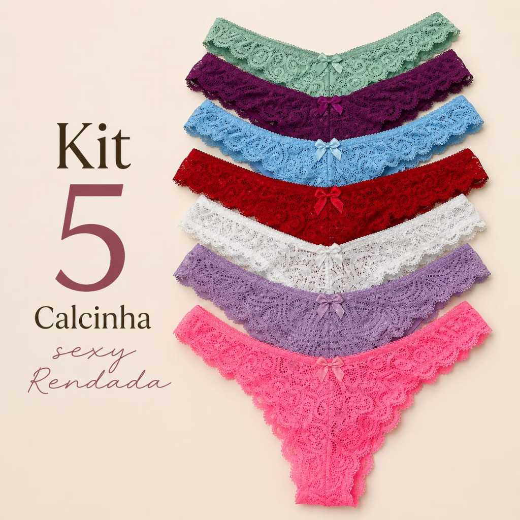 Kit 5 Calcinha Rendada Fio Geane Tanga Renda Sexy Tanguinha Feminina Renda Confortável  Cor Variadas