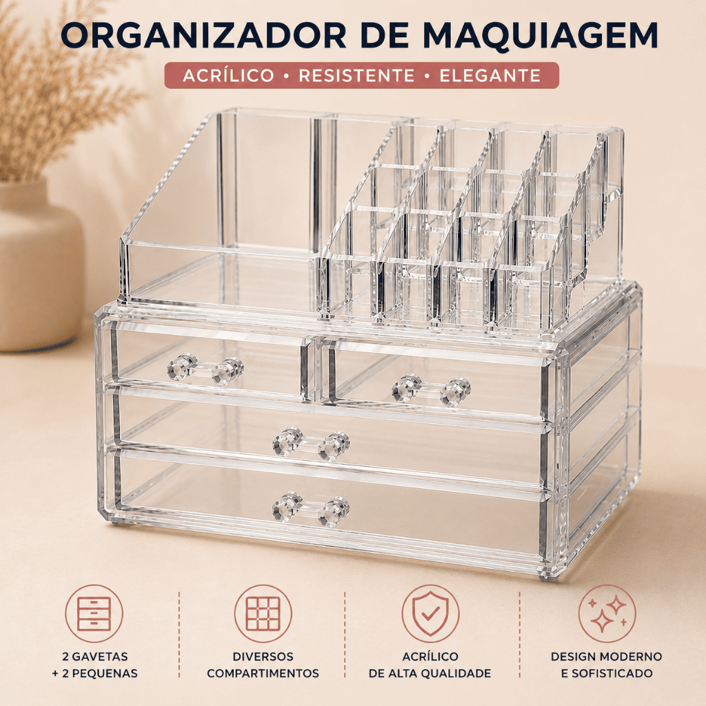 ORGANIZADOR ACRÍLICO MULTIUSO COM GAVETAS E DIVISÓRIAS – PORTA MAQUIAGEM E COSMÉTICOS