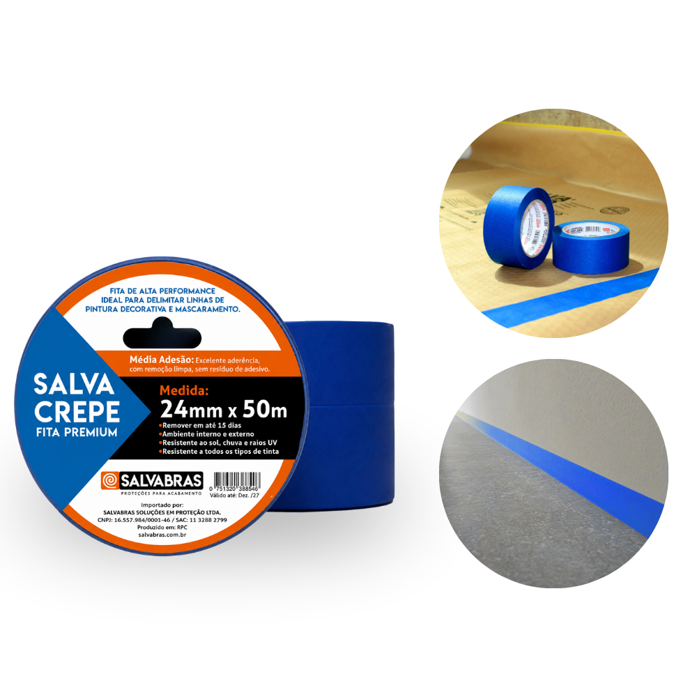 Fita Crepe Adesiva Premium Azul Salvabras 24mm x 50m Salva Crepe