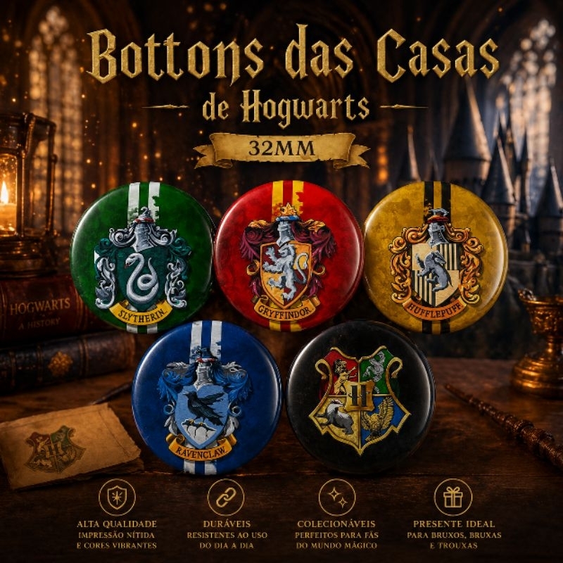 Kit 5 Bottons Personalizados Harry Potter 32mm - Sonserina, Grifinoria, Lufa lufa e Corvinal.