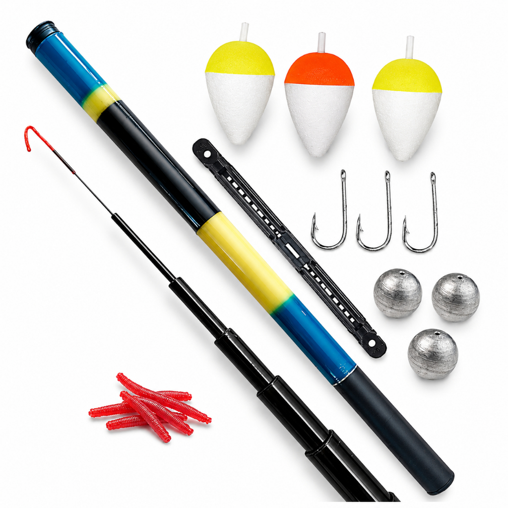 Vara de Pesca Telescopica 1,80 mts + 3 Anzol + 3 Boinha + 3 Chumbada + 5 Isca + 1 Enrolador de linha - Cmik