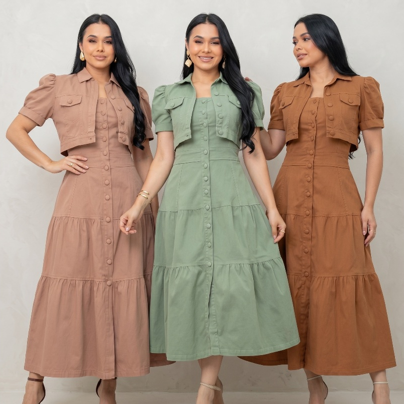 Conjunto Evangélico Feminino Vestido Midi Babados Três Marias e Jaqueta Cropped Manga Curta IM