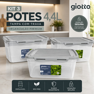 Kit 3 Potes Tampa Trava Alto 4,4l Cinza Freezer Microondas armazenamento alimentos Giotto