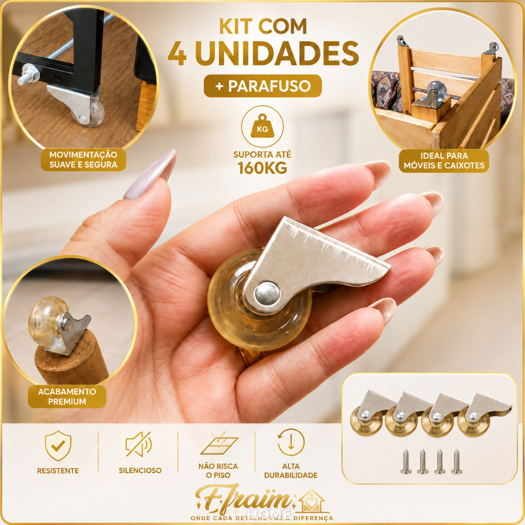 OFERTA RELÂMPAGO Kit 4 Rodizios 38mm fixo de Silicone Anti Risco para Sofas Armários e Móveis em Geral + Kit 8 Parafusos