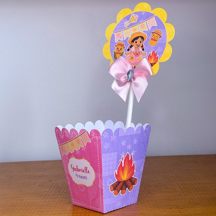 Centro de Mesa (cachepot ) Arraiá Menina Rosa e Lilás  Lembrancinha Aniversário Infantil - ENVIO RÁPIDO