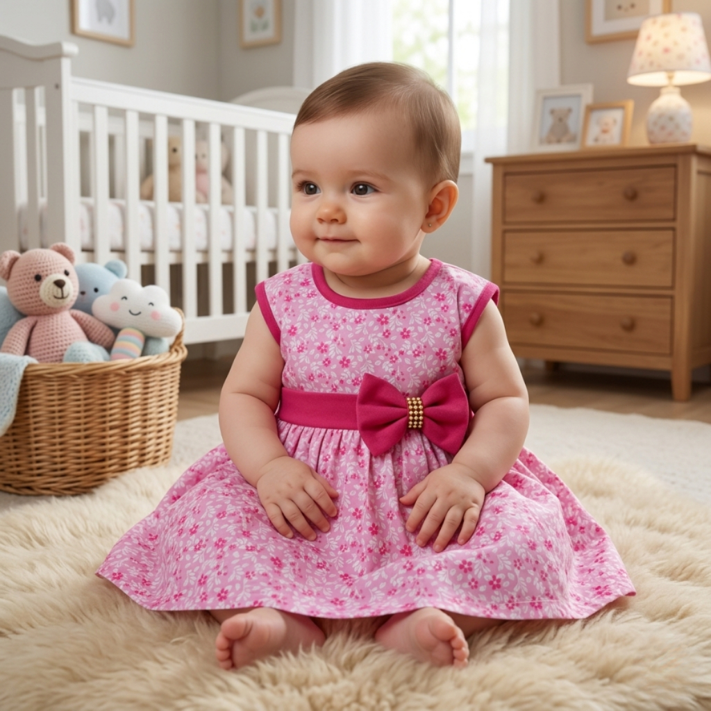 Vestidinho Bebê Infantil Floral em Algodão com Laço na Cintura Roupa de Bebê Menina