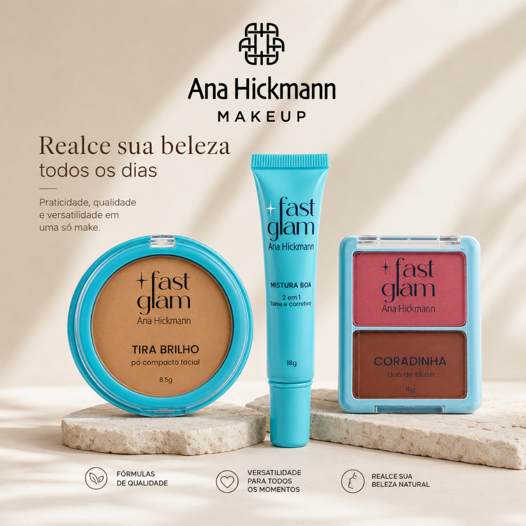 Kit Pó Compacto Tira Brilho +  Base 2 em 1 + Blush Duo Coradinha Rosada Fast Glam Ana Hickmann