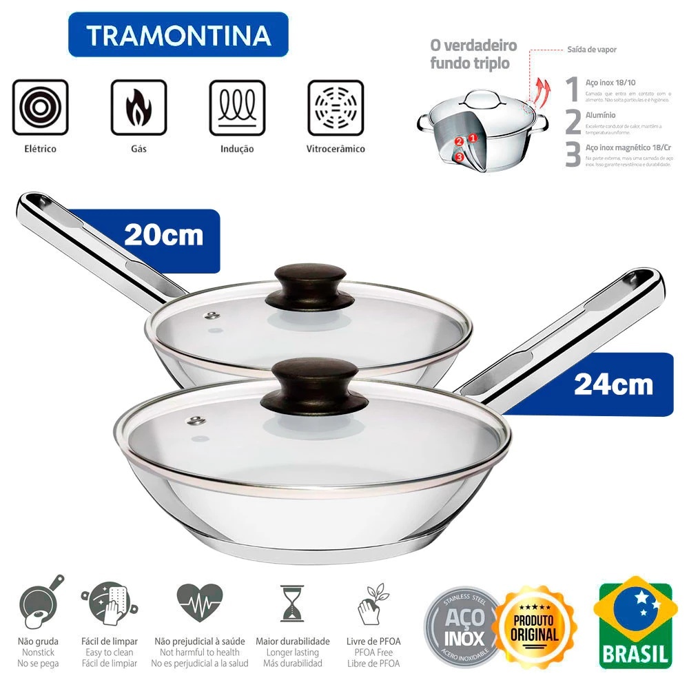 Jogo de Frigideira Tramontina Allegra 20 e 24cm Aço Inox Fundo Triplo Indução com Tampa de Vidro