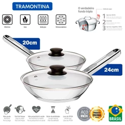 Jogo de Frigideira Tramontina Allegra 20 e 24cm Aço Inox Fundo Triplo Indução com Tampa de Vidro
