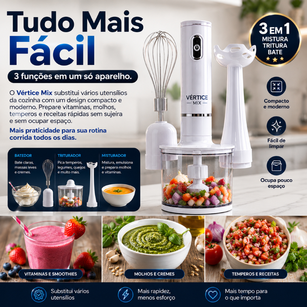 Mixer 3 Em 1 Vértice Mix Processador Batedor Triturador Compacto 127V Cozinha Premium
