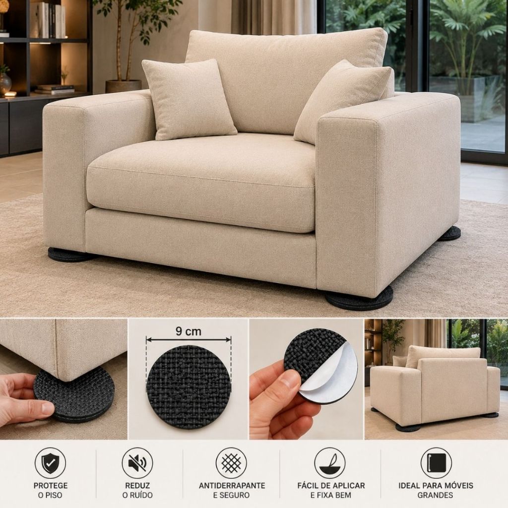 Kit 4 Protetores Para Pé de Cadeira Mesa Antirrisco Autoadesivo Silicone EVA Preto Redondo Móveis