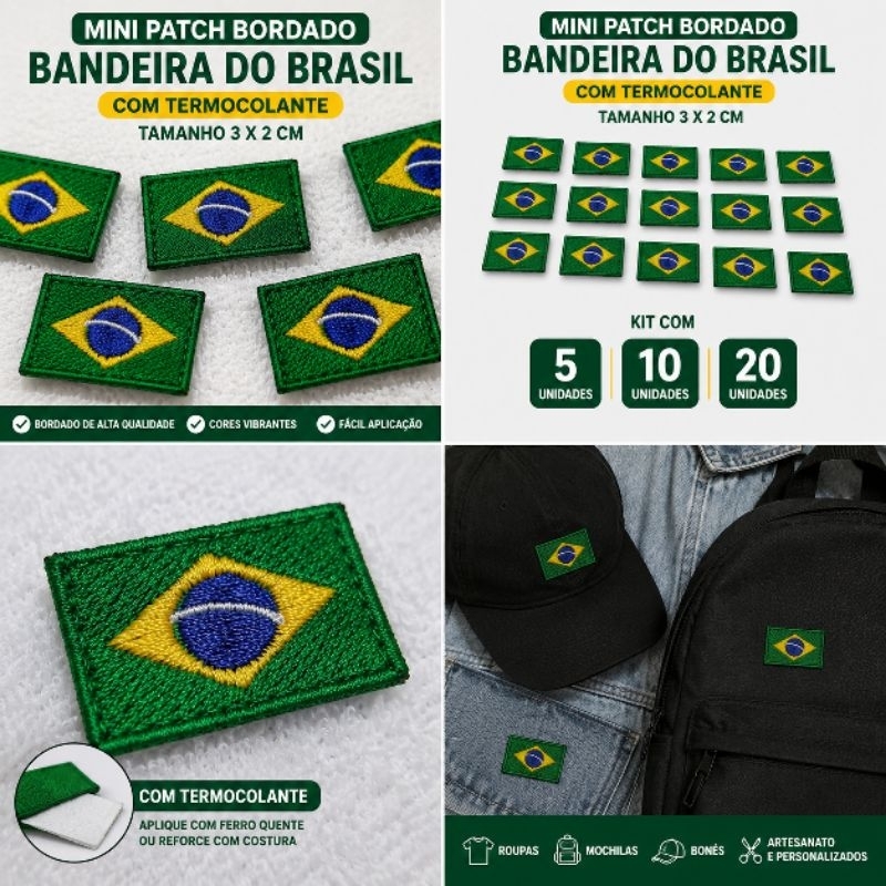 kit 10  mini Bandeiras bordado Brasil  3 X 2 cm patch Bordado mini Bandeiras do Brasil com Termocolante