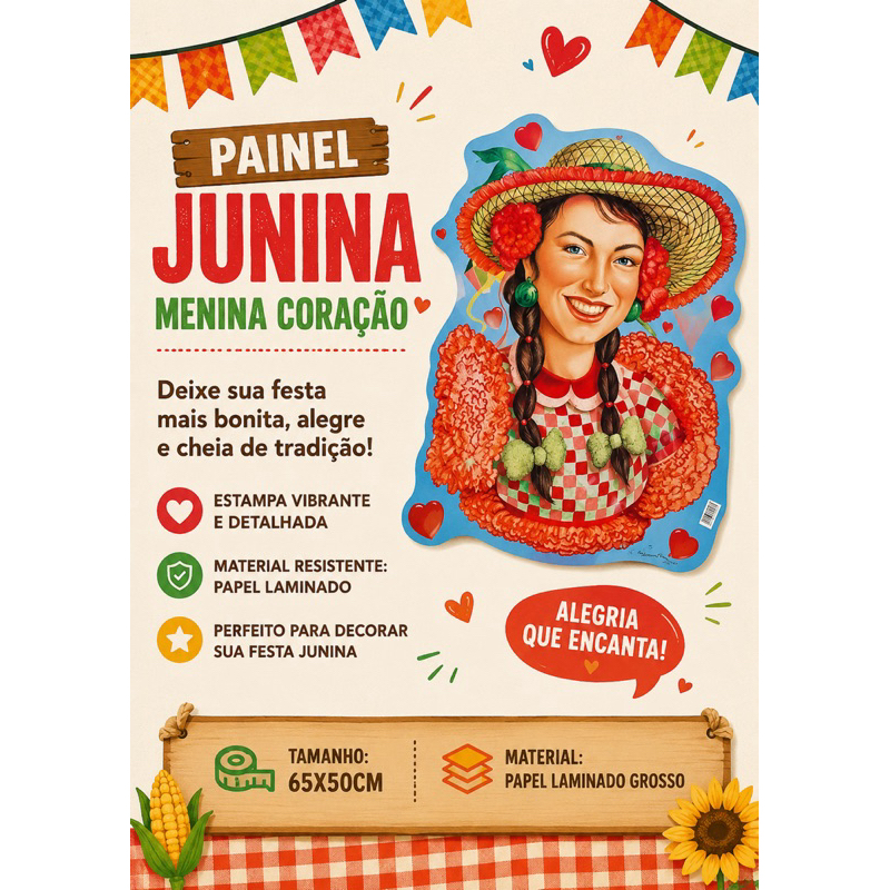 Painel Junino | Menina Coração | Tamanho: 65x50cm | Material: Papel Laminado Grosso | Decoração Festa Junina, São João