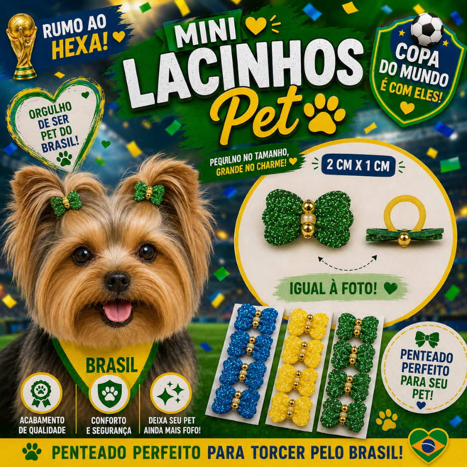 Mini Lacinho Pet Copa do Mundo Penteado, verde e amarelo,  Cachorro Atacado, laços pet Brasil