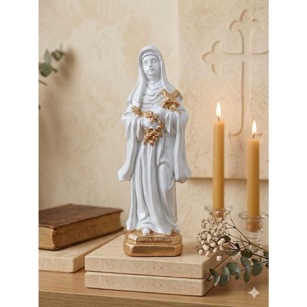 imagem Santa Terezinha 21 cm gesso pintura pérola e dourado presente de fé arte sacra decoração religiosa rosas