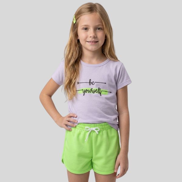 Conjunto Infantil Juvenil Feminino Roupa Verão Menina  Blusa Meia Malha Algodão + Shorts Neon Moletinho