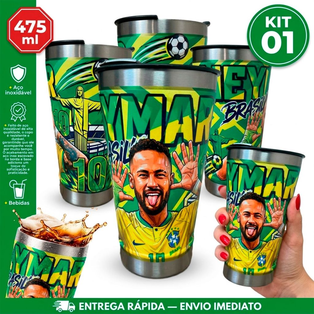 Copo Térmico Copa do Mundo 2026 Personalizado Com Tampa e Abridor 475ml Aço Inox Parede Dupla Brasil