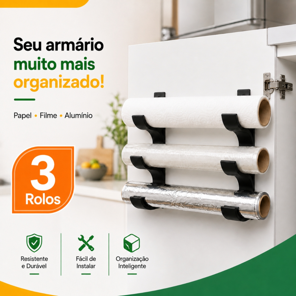 Suporte Organizador para Rolos de Cozinha Alumínio, Filme Plástico e Papel Manteiga Organização Armário Organizado
