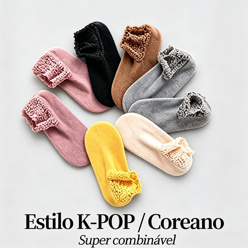 Kit  6 Pares Meias Feminina Inverno Cano Médio Forrada Pelúcia Bainha Renda Estilo Coreano Meia Térmica Tênis Bota