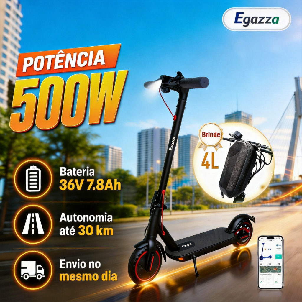 Egazza Patinete Elétrico Dobrável 8,5” 500W até 30km/h 3 Modos até 120kg Freio com Bolsa
