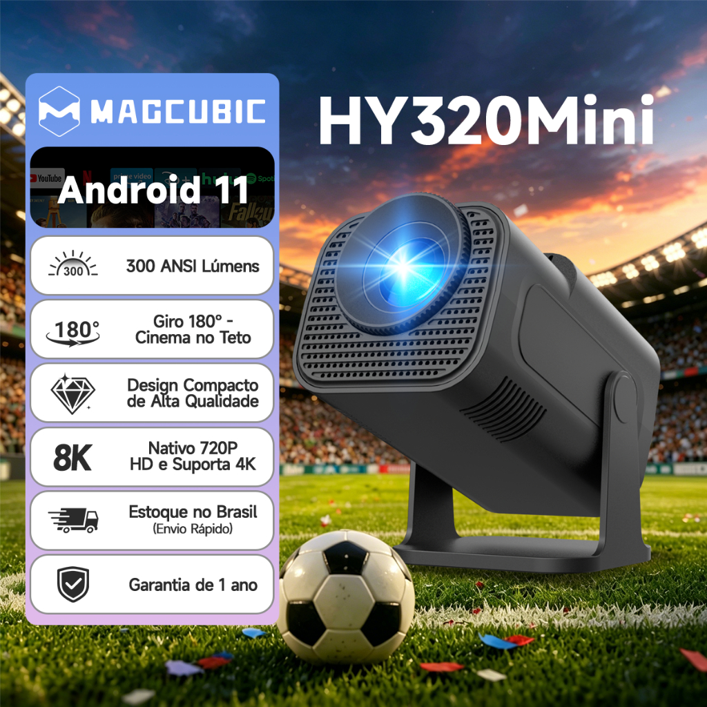 MAGCUBIC HY320 Mini Projetor 4K 300 ANSI WiFi 6 de banda dupla Cinema portátil