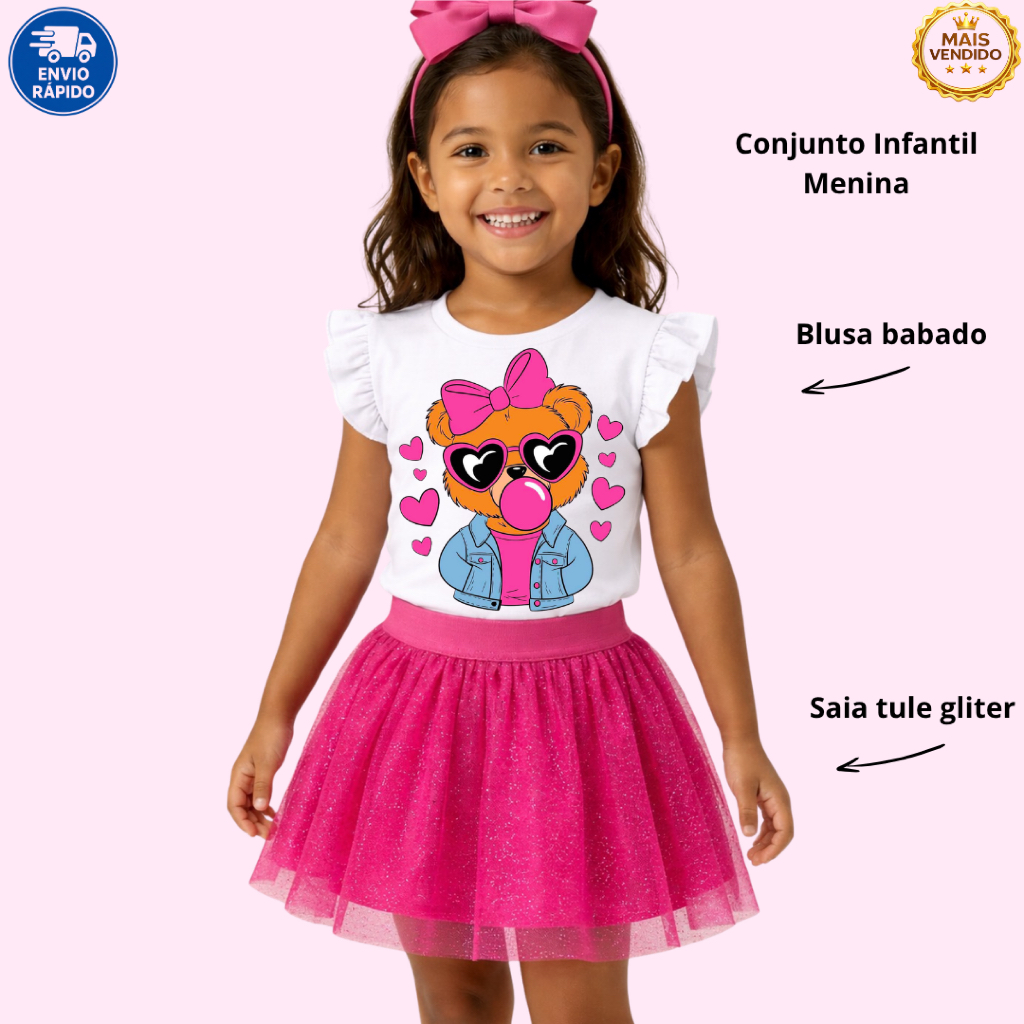 Conjunto Infantil Feminino Menina Ursinha Fashion Saia Tule Glitter Rosa Blogueirinha 1 a 10 Anos