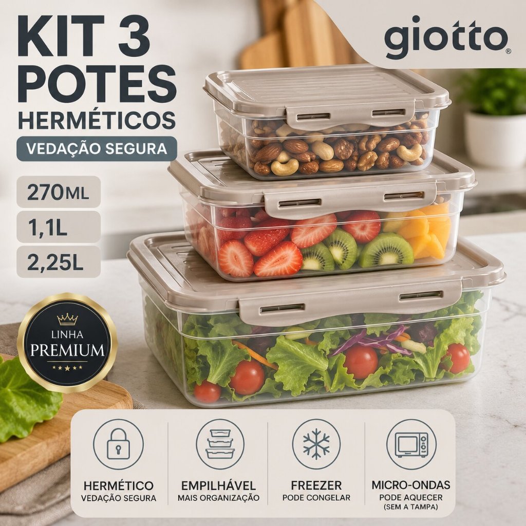 Kit 3 Potes Marmitas Fitness Com Tampa Trava 270ML, 1,1L e 2,25L Camurça Freezer  Microondas Giotto