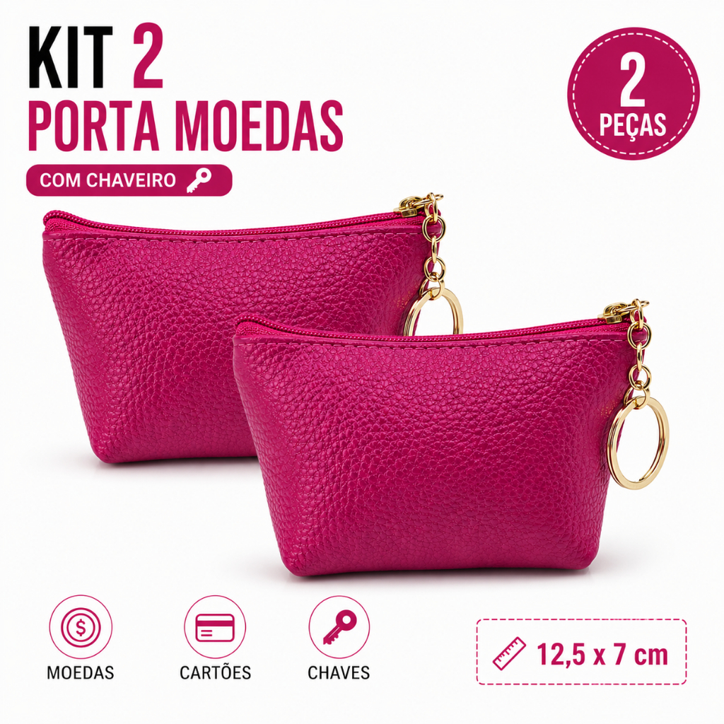 Kit 2 Necessaires Porta Moedas Feminina com Zíper e Chaveiro Couro PU Compacta