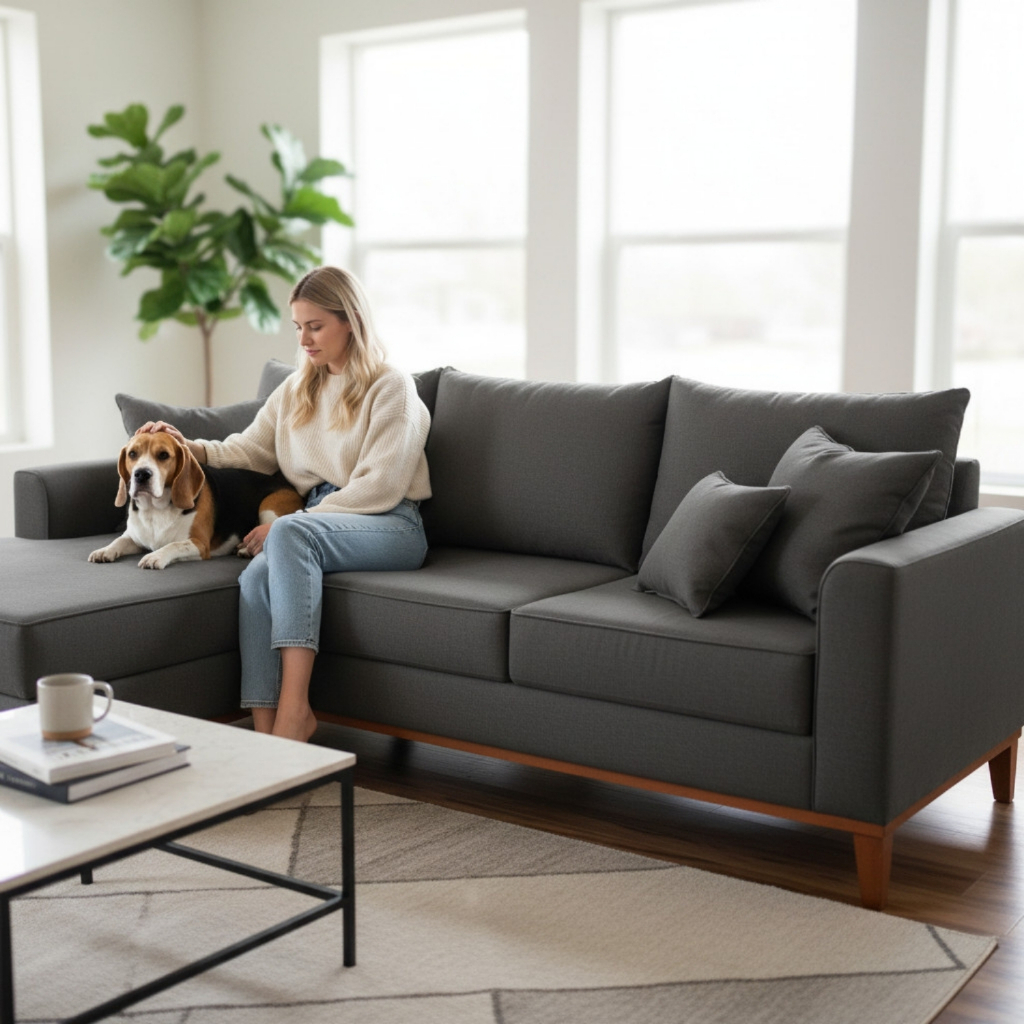 Sofá 3 Lugares Beny com Chaise Esquerdo Suede Cinza