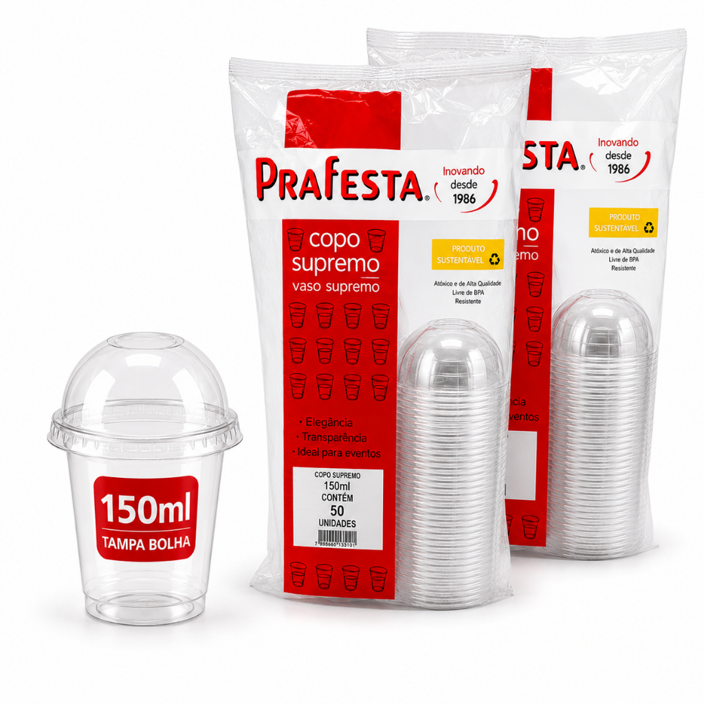 COPO COM TAMPA BOLHA PRAFESTA 150ML 50UNID - DESCARTAVEL TRANSPARENTE