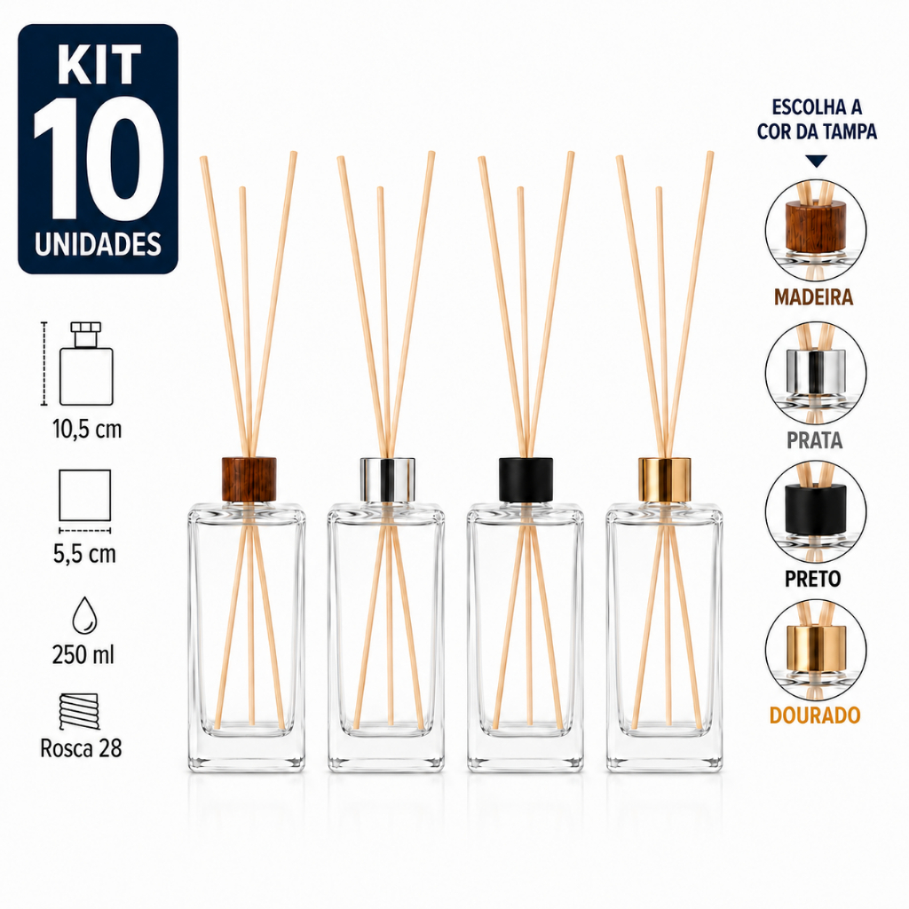Kit 10 Frascos Difusor Vidro Retangular 250ml Aromatizador Ambiente Lembrancinha