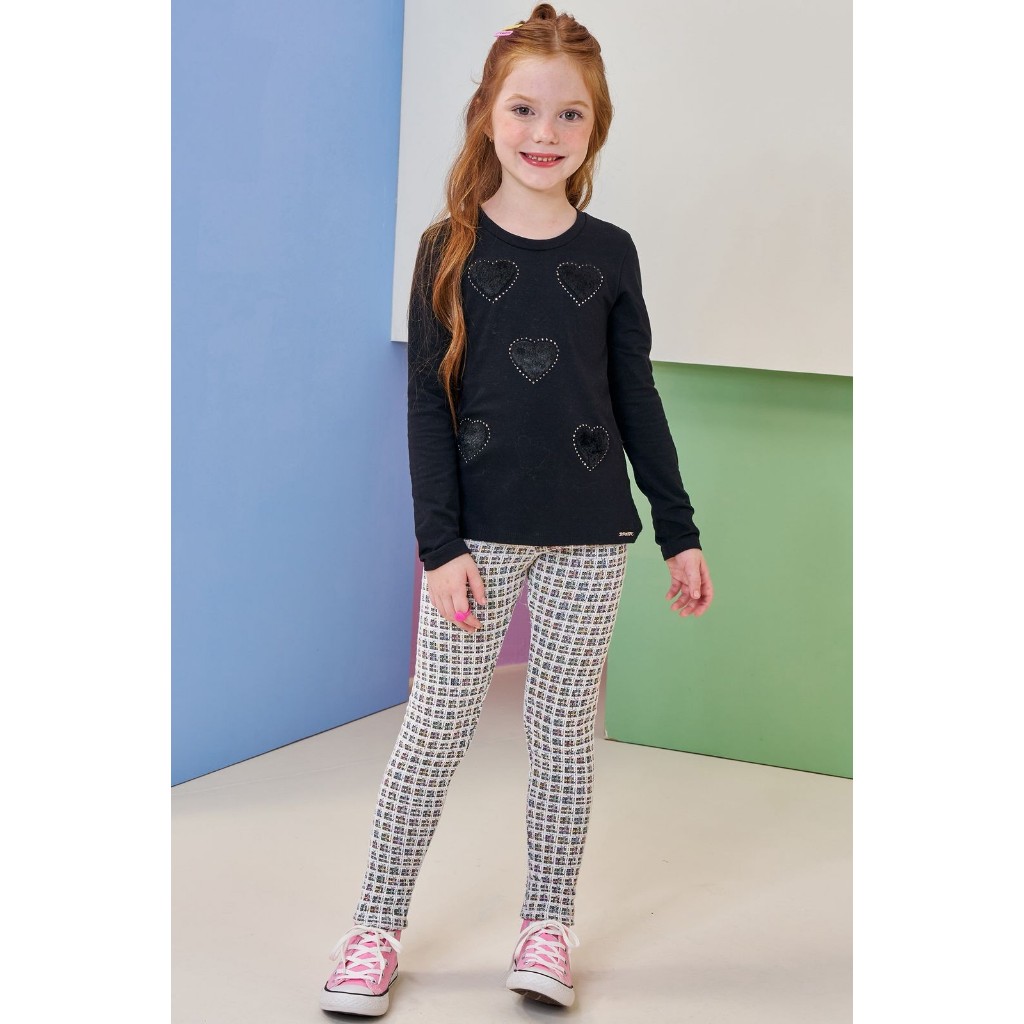 Conjunto Infantil Feminino Manga Longa com Legging Estampada | Look Casual Menina Outono Inverno
