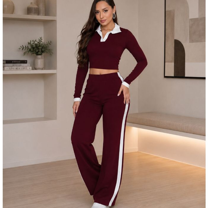 Conjunto Feminino  Canelado Gola Polo Calça Pantalona Moda Casual Elegante Tendência Conforto Premium Look Moda Gringa