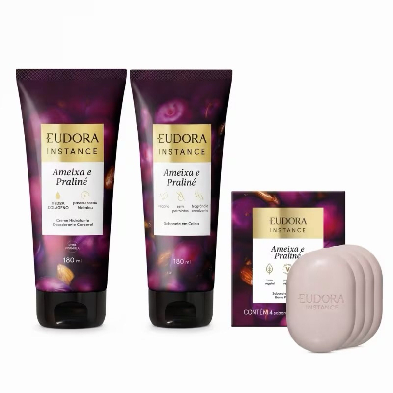 Combo Instance Ameixa e Praliné: Sabonete em Barra 4x80g + Sabonete Em Calda 180ml + Creme Corporal 180ml