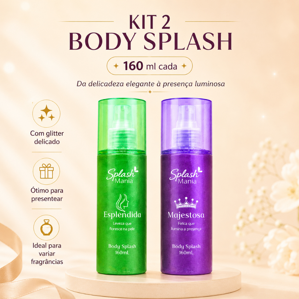 Kit 2 Body Splash Mania Perfume Corporal Feminino com Glitter 160ml Majestosa e Esplêndida
