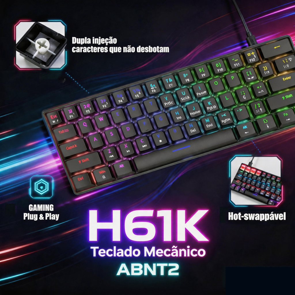 Teclado mecânico 60% ABNT2 Gamer Switche Red/Blue Hot-Swap com Fio Double-Shot Ergonômico notebook pc Rainbow LED