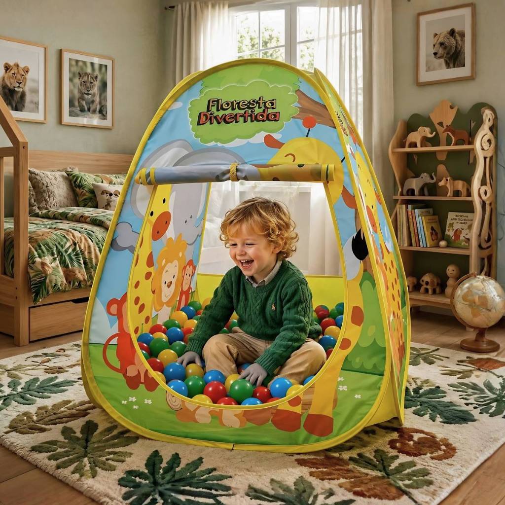 Toca Barraca Tenda Infantil Floresta Zoológico Divertida Dobrável Com 50 Bolinhas Coloridas ou Amarelas