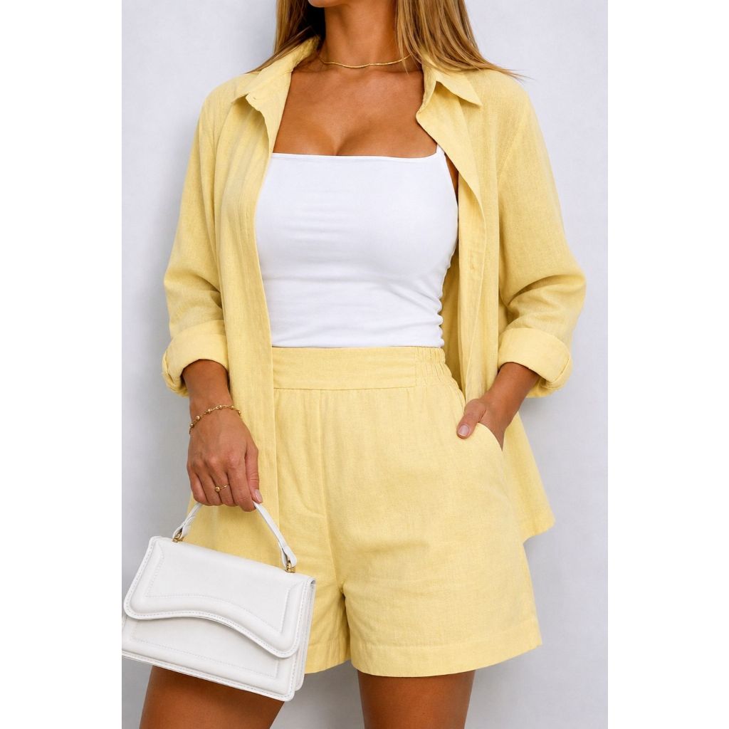 Short Bermuda Feminina Social Linho com Forro Elástico Cintura Alta Alfaiataria Casual Verão