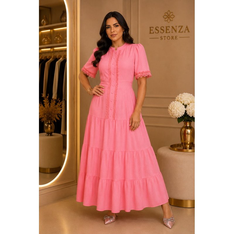 Vestido Feminino Max Midi Crepe Poliamida Gola Padre Guipir Luxo ES-VES-028
