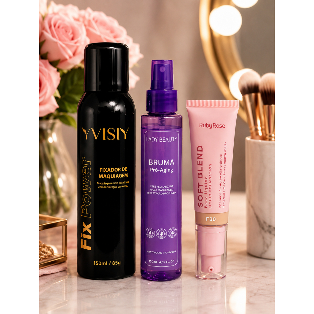 Kit Maquiagem Completa | Fixador de Maquiagem + Bruma Pró-Aging + Base Líquida Ruby Rose Soft Blend