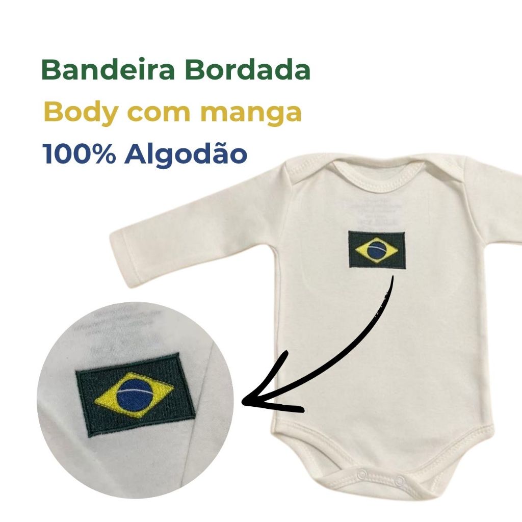 Detalhes do Body Bebê Bandeira Brasil Bordado Algodão Menino Menina Body Seleção Brasileira