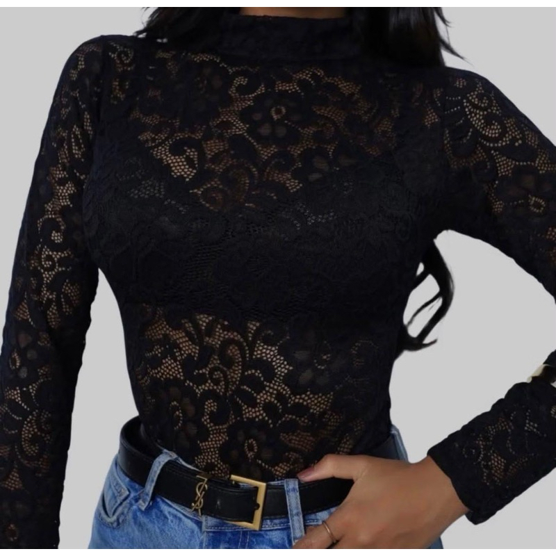 Body de Renda Tule Manga Longa Femenino com flor delicada transparente tendência inverno