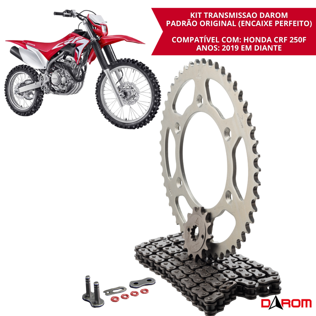 Relação Completa Honda CRF 250F 2019 Em Diante Kit Transmissão Com Retentor Corrente Coroa Pinhão Off Road Darom