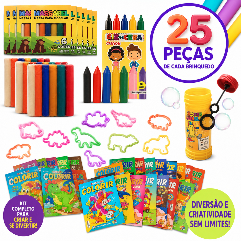 Kit 25 CX Massinha de Modelar + Bolha Sabao +Colorir + Giz de Cera+ Molde Lembra