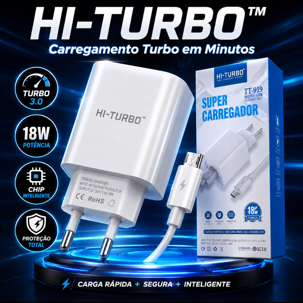 Carregador Turbo  Micro USB V8 HI-TURBO SmartCharge 3.0 Compatível SAMSUNG/ MOTO