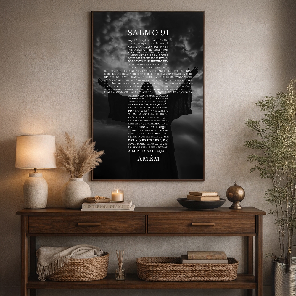 Quadro Decorativo Religioso Jesus e o Poder do Salmo 91 com Moldura Sala Quarto Escritório 50x75cm e 60x90cm
