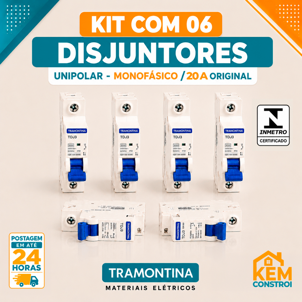 Kit 06 Disjuntor Unipolar/Monopolar Tramontina 20A DIN Curva C Original