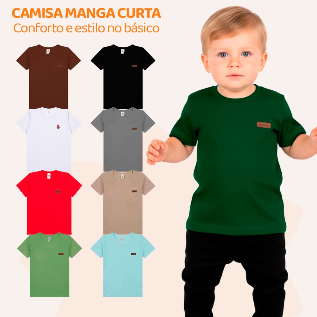 Kit 3 Camisetas Manga Curta Infantil Bebê Menino Básica Lisa Tamanho 2 ao 12 100