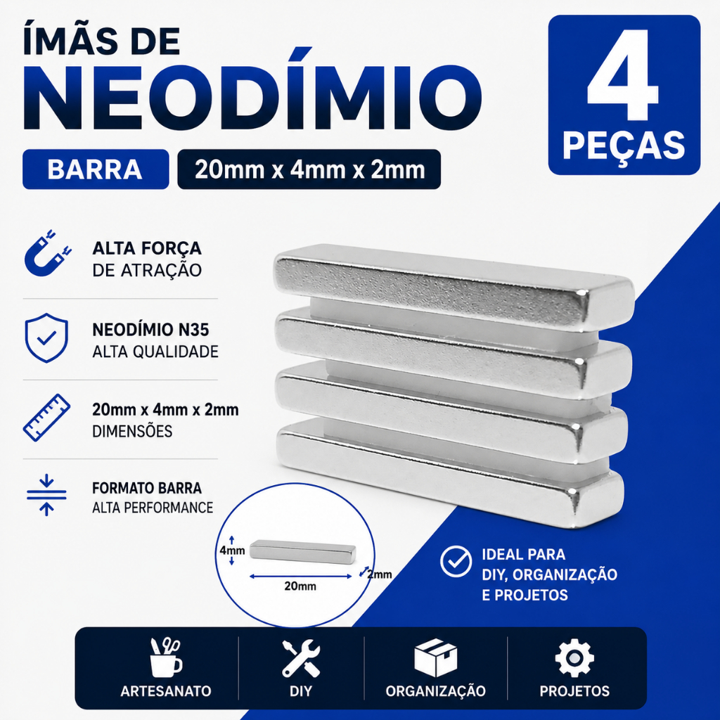 Ima Neodimio 20mm X 4mm X 2mm - 4 Peças Super Forte.