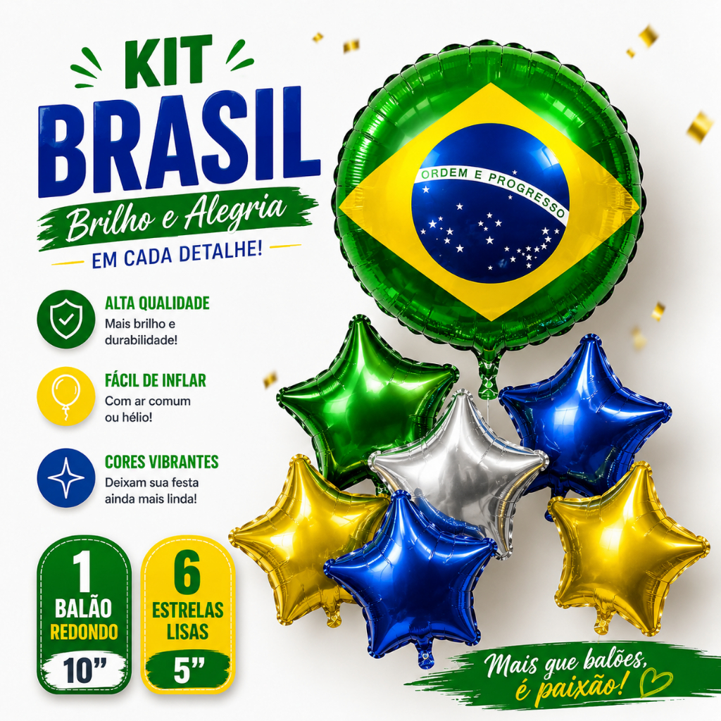 Kit 7 Balões Metalizados Bola Brasil 10 pol Estrela 5 pol Verde Amarela Azul Prata Decoração Festa Copa Brasil